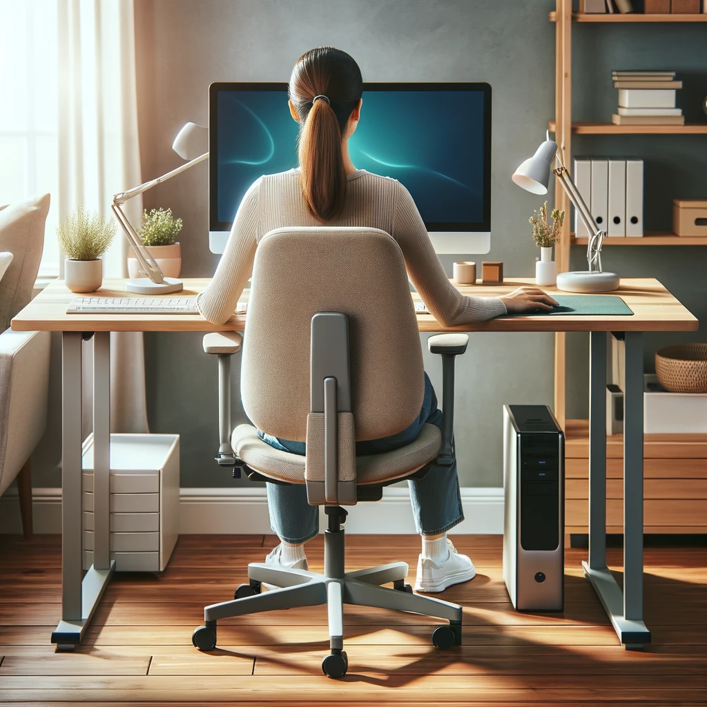 An ergonomically designed home office setup featuring a woman sitting at a desk with her elbows at a 90-degree angle, using an ergonomic chair with lumbar support. The computer monitor is at eye level to prevent neck strain, and the keyboard and mouse are positioned to keep her wrists neutral. The room is well-lit with task lighting to minimize eye strain, and there's a plant on the desk, adding a touch of nature to the workspace.