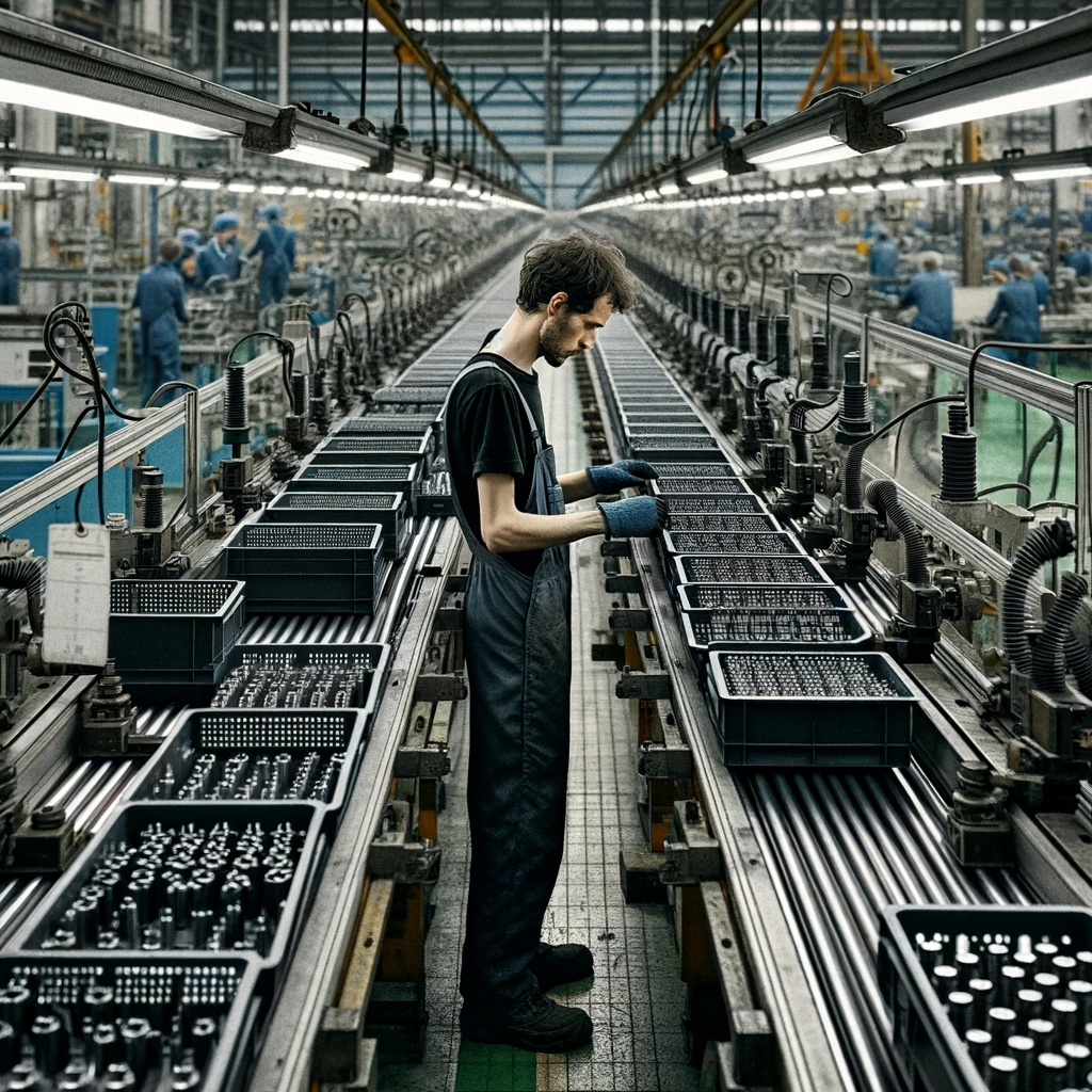 An industrial worker engaged in repetitive labor on an assembly line, with visible signs of stress and fatigue. The worker's posture is slightly hunched, focusing intently on the monotonous task of handling or assembling identical parts. The background is a blur of machinery and conveyor belts, symbolizing the never-ending cycle of the task. The worker's expression, barely visible under safety gear, conveys a sense of enduring monotony, highlighting the physical and mental strain of repetitive stress in the workplace