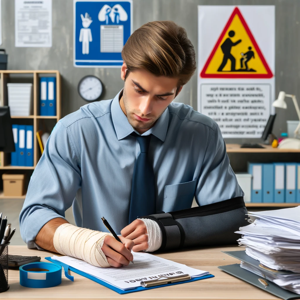 The image depicts a person in a workplace environment, sitting at a desk and diligently filling out paperwork to report and document a work-related injury. The scene highlights the concern and careful attention to detail as the individual records the circumstances and severity of the injury, surrounded by a setting that underscores the importance of workplace safety and the procedural steps for injury documentation.