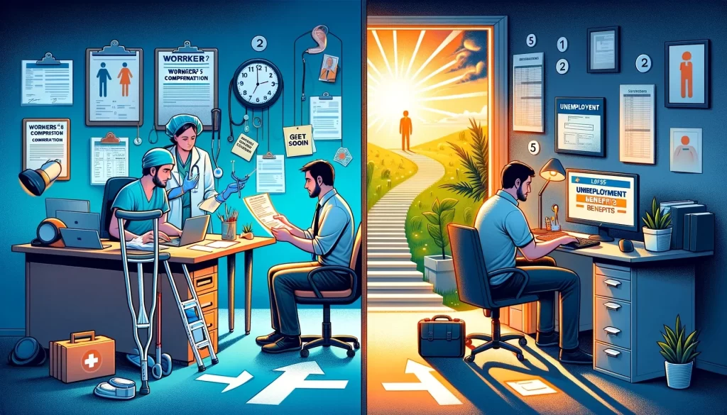 

Workers' compensation and unemployment benefits comparison illustration: on the left, a worker discussing injury with a healthcare professional in an office, surrounded by recovery symbols; on the right, an individual applying for unemployment benefits online at home, with a calendar and to-do list.