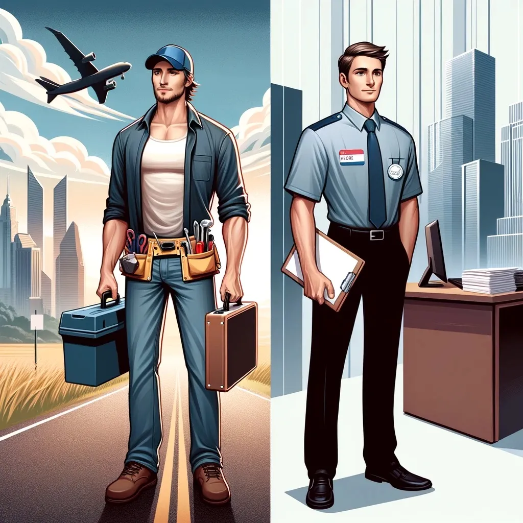 This image is a side-by-side comparison of two men, each representing different work models. On the left is an independent contractor: a man dressed in casual work attire with a cap, a tool belt filled with various tools, and carrying a briefcase, suggesting a skilled tradesperson prepared to tackle a job. The background includes a rural setting with an open road and a plane overhead, implying travel or flexibility in job location. On the right is an employee: a man in a formal work uniform with a nametag and a clipboard, standing in an urban setting next to a desk with papers, symbolizing a structured work environment with established routines. The contrast between the two illustrates the different nature of being an independent contractor versus an employee.