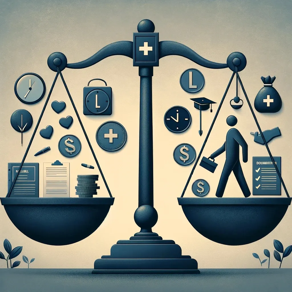 An illustrative scale balancing icons of clocks, hearts, money, and documents, epitomizes the equal importance of health, time, finance, and legal knowledge in Workers' Compensation rights and responsibilities