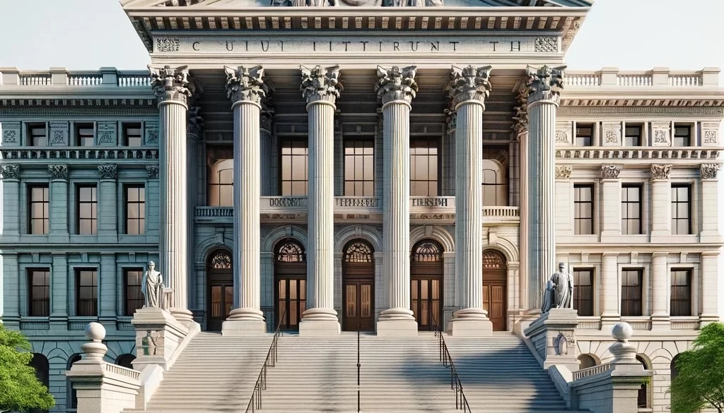 A grand courthouse facade with towering columns, illustrating the authoritative structure of Workers' Compensation law and the exclusive remedy principle, standing as the cornerstone of employee protection and legal resolution.