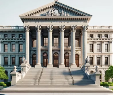 A grand courthouse facade with towering columns, illustrating the authoritative structure of Workers' Compensation law and the exclusive remedy principle, standing as the cornerstone of employee protection and legal resolution.