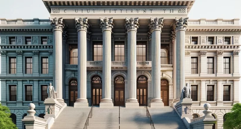 A grand courthouse facade with towering columns, illustrating the authoritative structure of Workers' Compensation law and the exclusive remedy principle, standing as the cornerstone of employee protection and legal resolution.