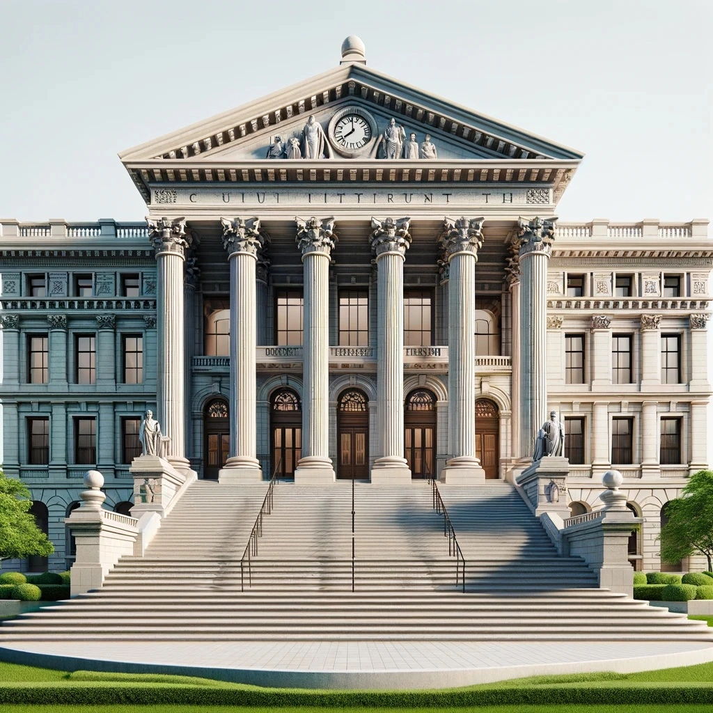 A grand courthouse facade with towering columns, illustrating the authoritative structure of Workers' Compensation law and the exclusive remedy principle, standing as the cornerstone of employee protection and legal resolution.