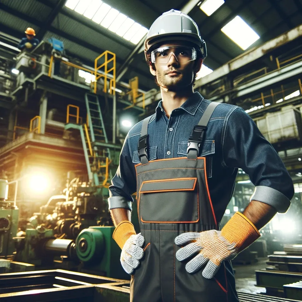 A safety-conscious worker in a PA factory, highlighting the significance of safety in workers' comp discussions. He sports a white hard hat, safety goggles, and gloves, with a long-sleeved shirt and utility vest. The factory behind him bustles with machinery and workers.