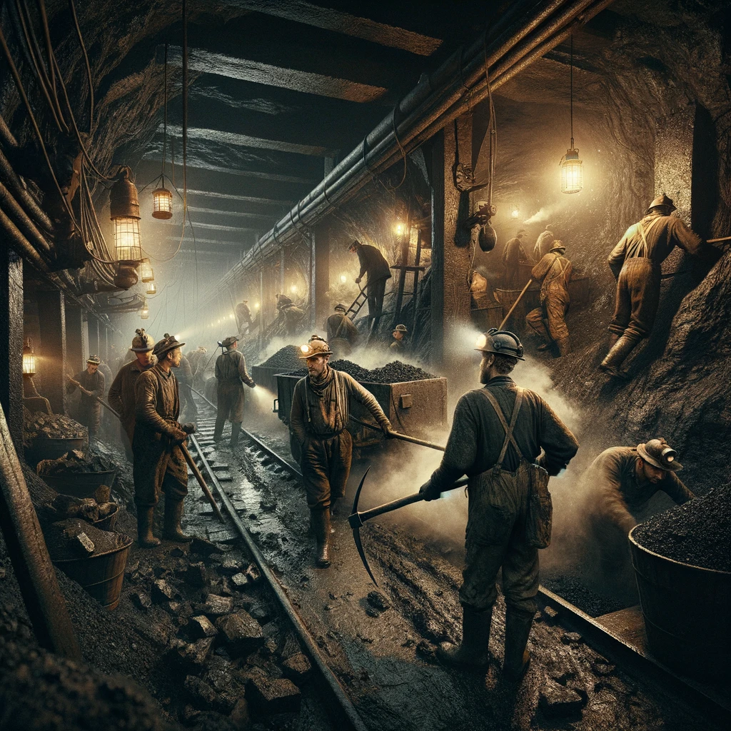 An image depicting miners hard at work in the confined space of an underground coal mine, illustrating a scenario where occupational diseases can occur due to prolonged exposure to coal dust. The miners are equipped with safety helmets, headlamps, and heavy-duty clothing, while manually extracting coal and transporting it in carts along tracks, a representation of the health risks associated with their profession.