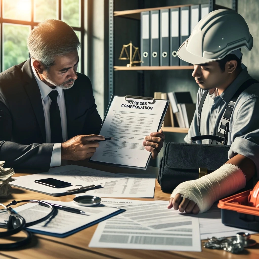 An injured worker with a cast on the arm sits with a professional, reviewing a Workers' Compensation document, symbolizing the steps for how to get Workers' Comp benefits.