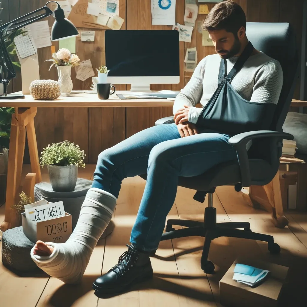 A man with a cast on his left leg and his right arm in a sling sits in an office chair, looking down at his injured leg thinking about wage loss benefits and overpayments, with a "Get Well Soon" note in the foreground.