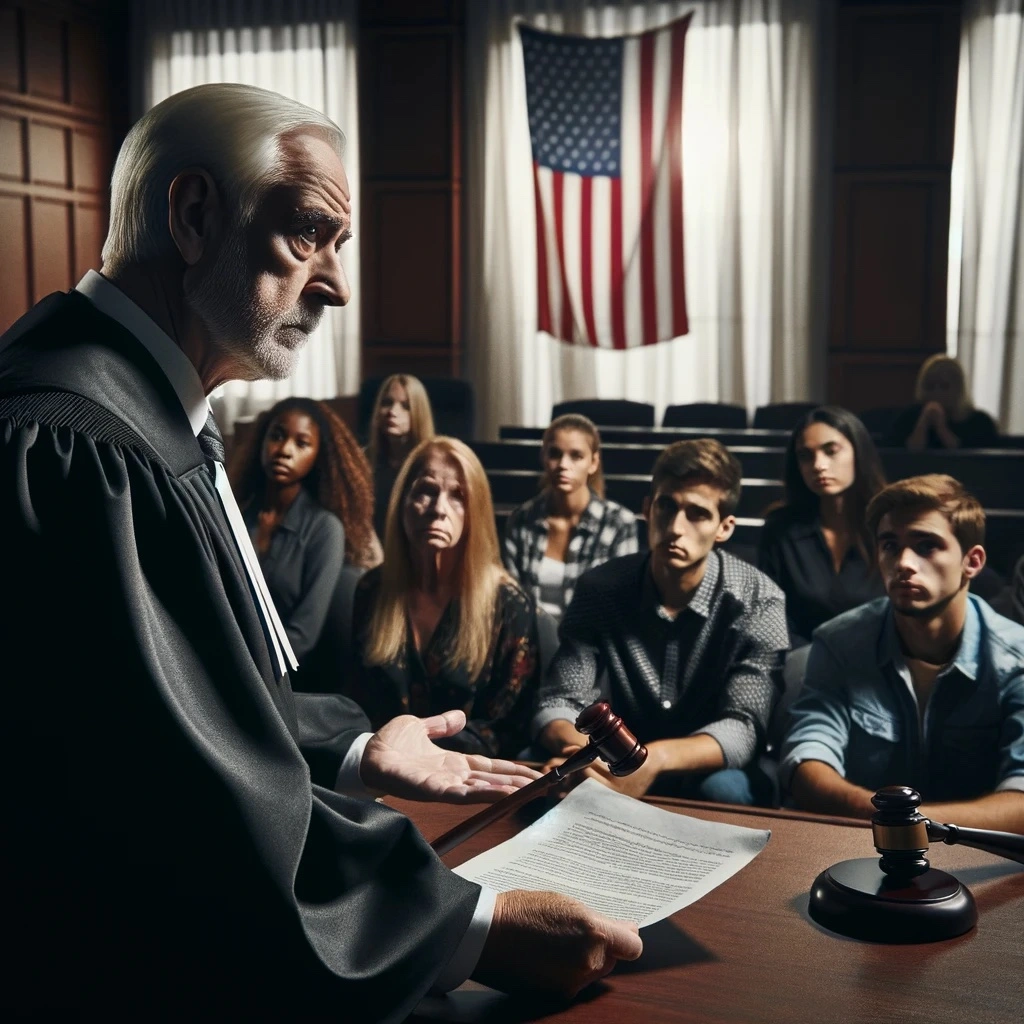 Workers' Compensation Judge in black robes seated at bench, issuing a negative utilization review decision with a stern expression, holding a gavel and document, in a courtroom with disappointed onlookers.