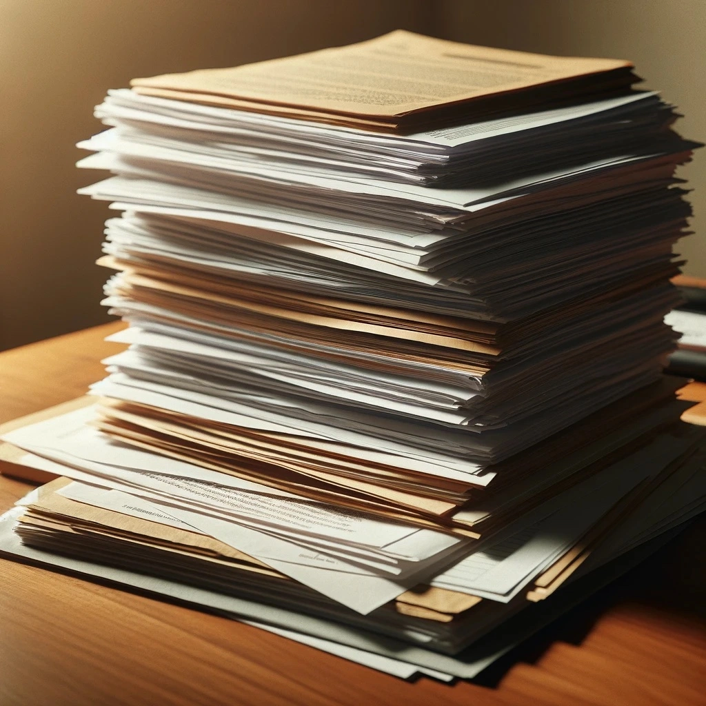 Close-up view of a wooden desk covered with a variety of papers, including utilization review forms.