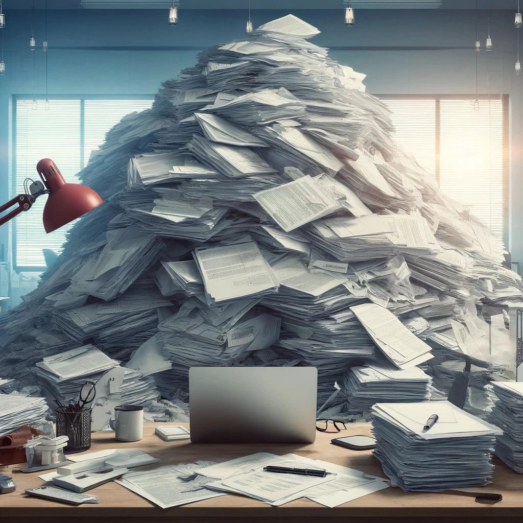 Overwhelming pile of paperwork related to workers' compensation claims, depicting the complexity and bureaucratic challenges of managing specific loss cases in a cluttered office environment.