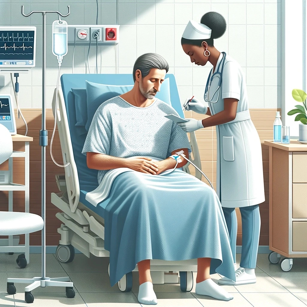 Patient receiving IV treatment in a hospital bed with a nurse adjusting the equipment, depicting medical benefits under Pennsylvania workers' compensation.