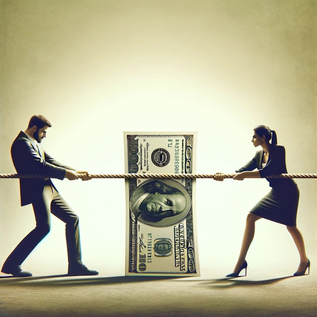 Man and woman in business attire engaging in tug-of-war with a large hundred-dollar bill, symbolizing workers' comp offsets disputes in workers compensation claims.