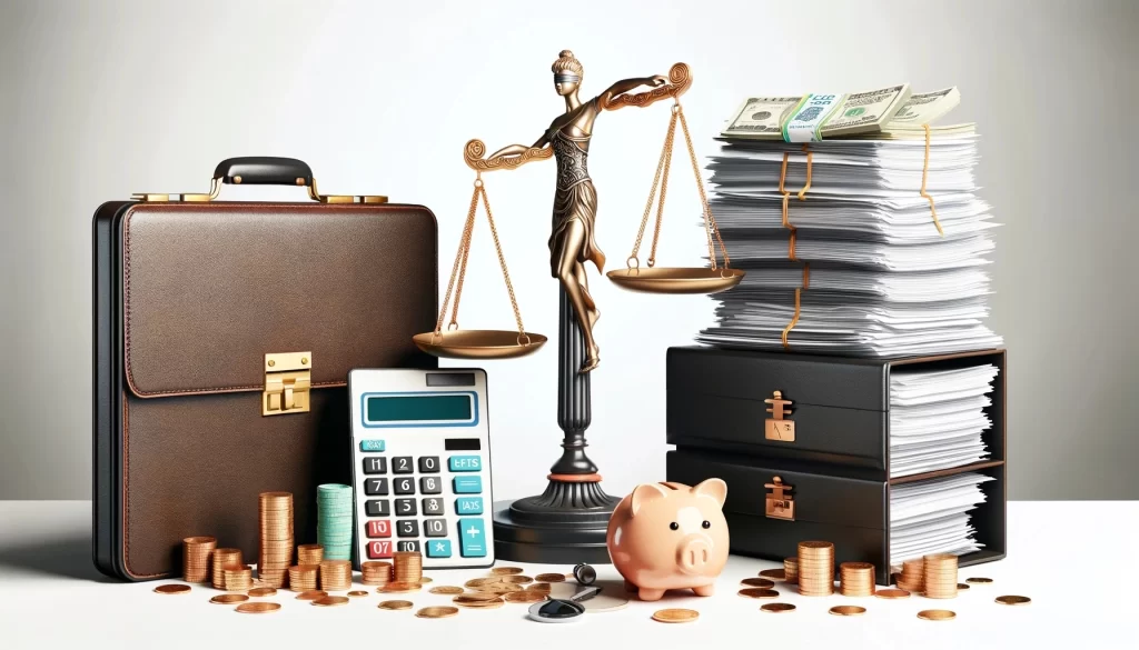 A conceptual illustration depicting attorney's fees in workers' compensation cases. The image features a desk equipped with a scale of justice, stacks of legal documents, and a briefcase, symbolizing the legal profession and associated costs. A calculator and a piggy bank are also present, representing the calculation of fees and the financial aspects of legal services. This visual setup effectively conveys the concept of accruing legal costs and the significance of attorney's fees in managing workers' comp claims.