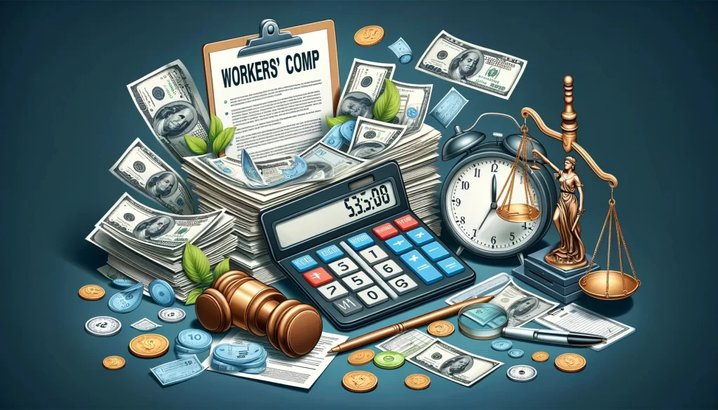 A conceptual illustration focusing on the costs associated with workers' compensation claims. The image features a desk cluttered with various medical bills and legal documents, a calculator, and a scale of justice. These elements symbolize the financial and legal burdens of these claims. A clock is also present, indicating the passage of time and emphasizing the accumulation of expenses. The image captures the theme of escalating costs in workers' comp claims, using purely visual elements without any textual information.