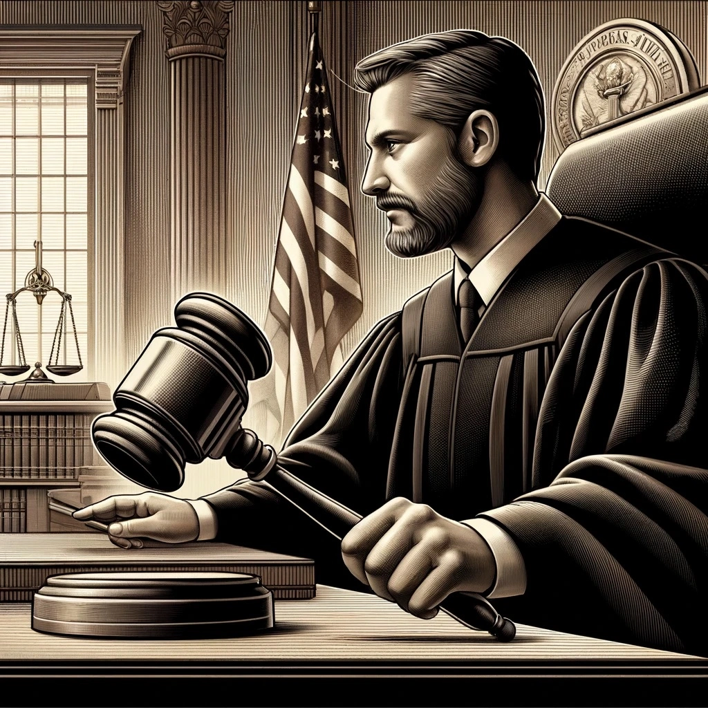 An illustration of a workers' compensation judge banging a gavel in a courtroom. The judge, dressed in a traditional black robe, is seated behind a wooden bench with an authoritative expression. The gavel is captured mid-swing, emphasizing the decisive nature of the ruling. The background includes elements like the American flag, law books, and the scales of justice symbol, highlighting the formal and serious environment of the judicial process in workers' compensation cases.