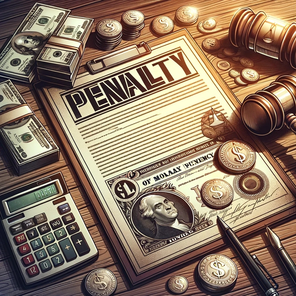 An illustration showing a workers' compensation penalty. The image features an official document labeled 'Penalty Notice' on a wooden desk, accompanied by a stack of dollar bills and coins, symbolizing financial repercussions. A gavel and a calculator are also present, highlighting legal and financial calculations. The background includes a watermark of the scales of justice, emphasizing the legal aspects of compliance and penalties in workers' compensation cases.