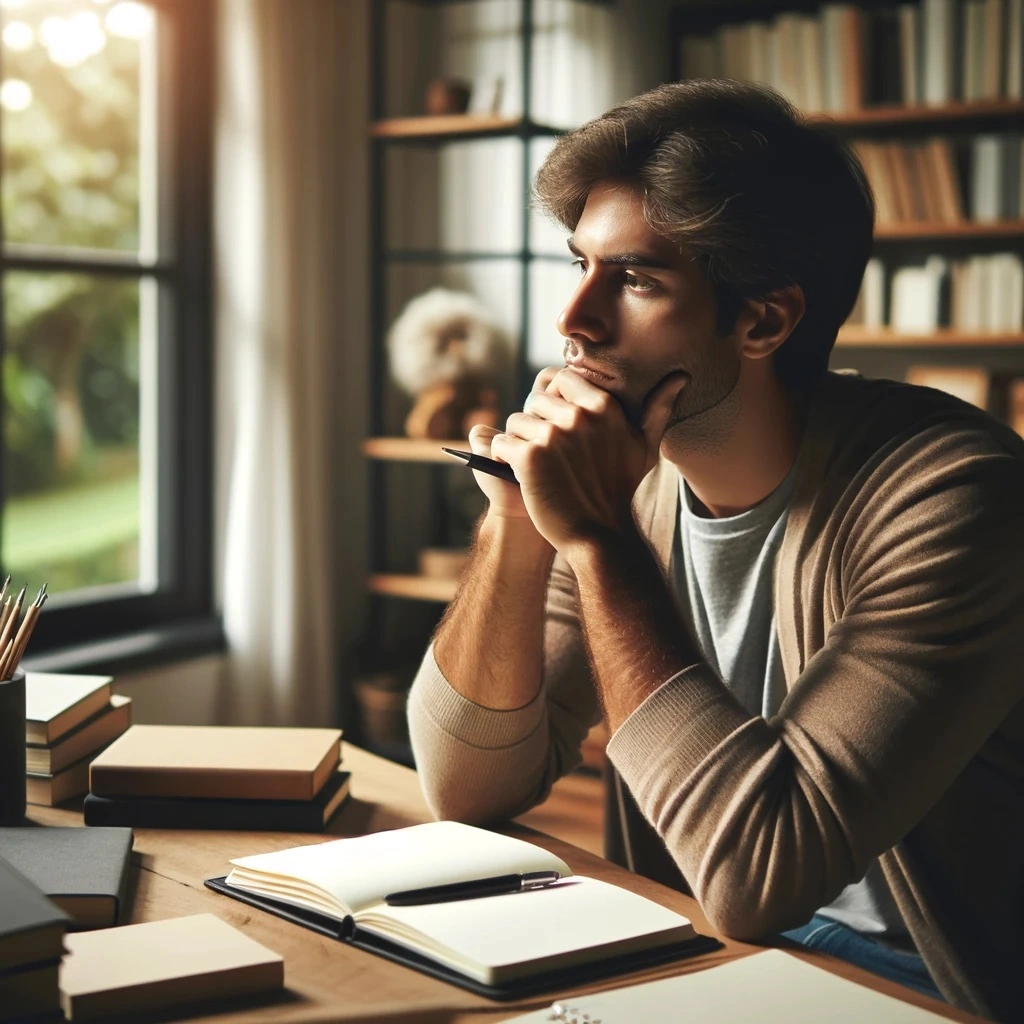 A person deep in thought, sitting at a desk with a notebook and pen, contemplating workers' compensation subrogation. The setting is a cozy home office with bookshelves and a window showing a serene outdoor scene, creating a warm and thoughtful atmosphere.