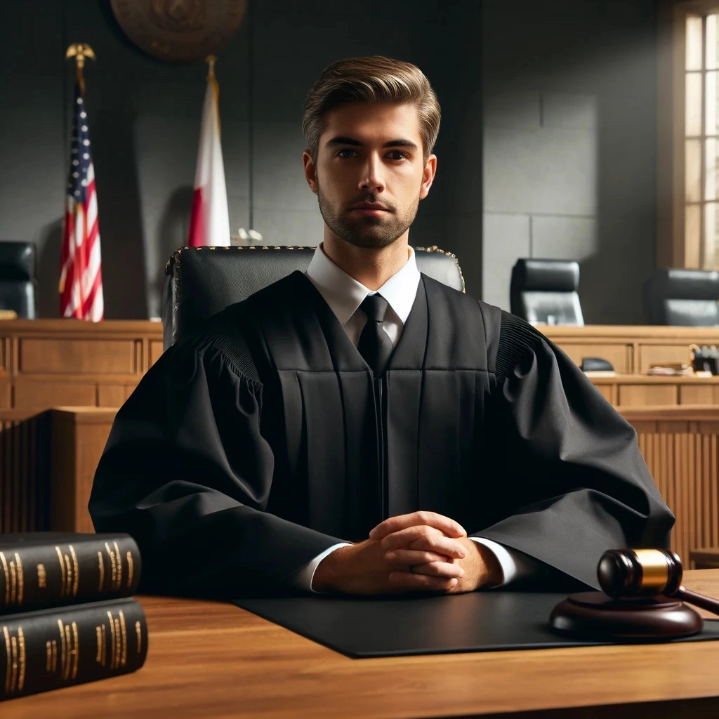 A workers' comp judge in a courtroom, wearing judicial robes and seated behind a large wooden desk. The judge looks attentive and focused, with a gavel nearby. The courtroom includes flags, legal books, and an audience area, creating a formal and respectful atmosphere to address subrogation.