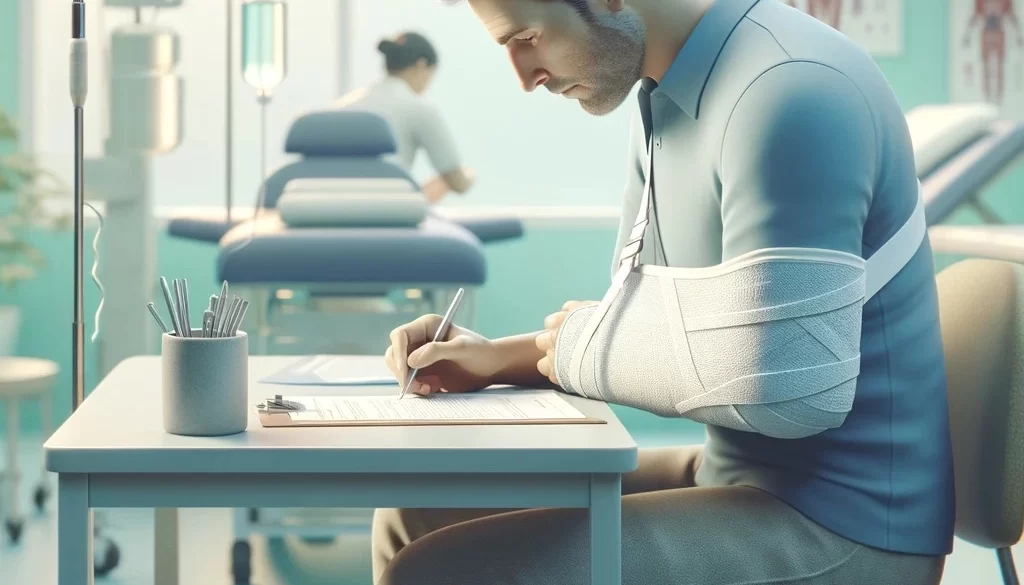 Injured worker with arm cast completing workers' compensation paperwork at a table, with medical equipment in the background