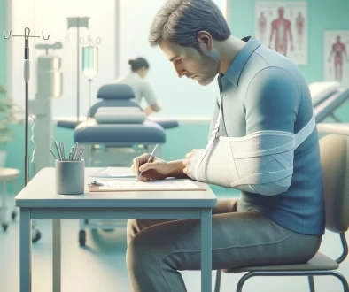 Injured worker with arm cast completing workers' compensation paperwork at a table, with medical equipment in the background