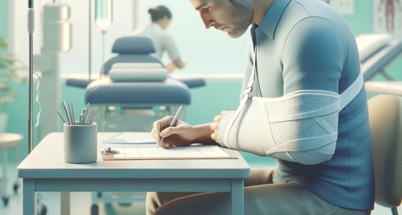 Workers Comp Paperwork Injured worker with arm cast completing workers' compensation paperwork at a table, with medical equipment in the background