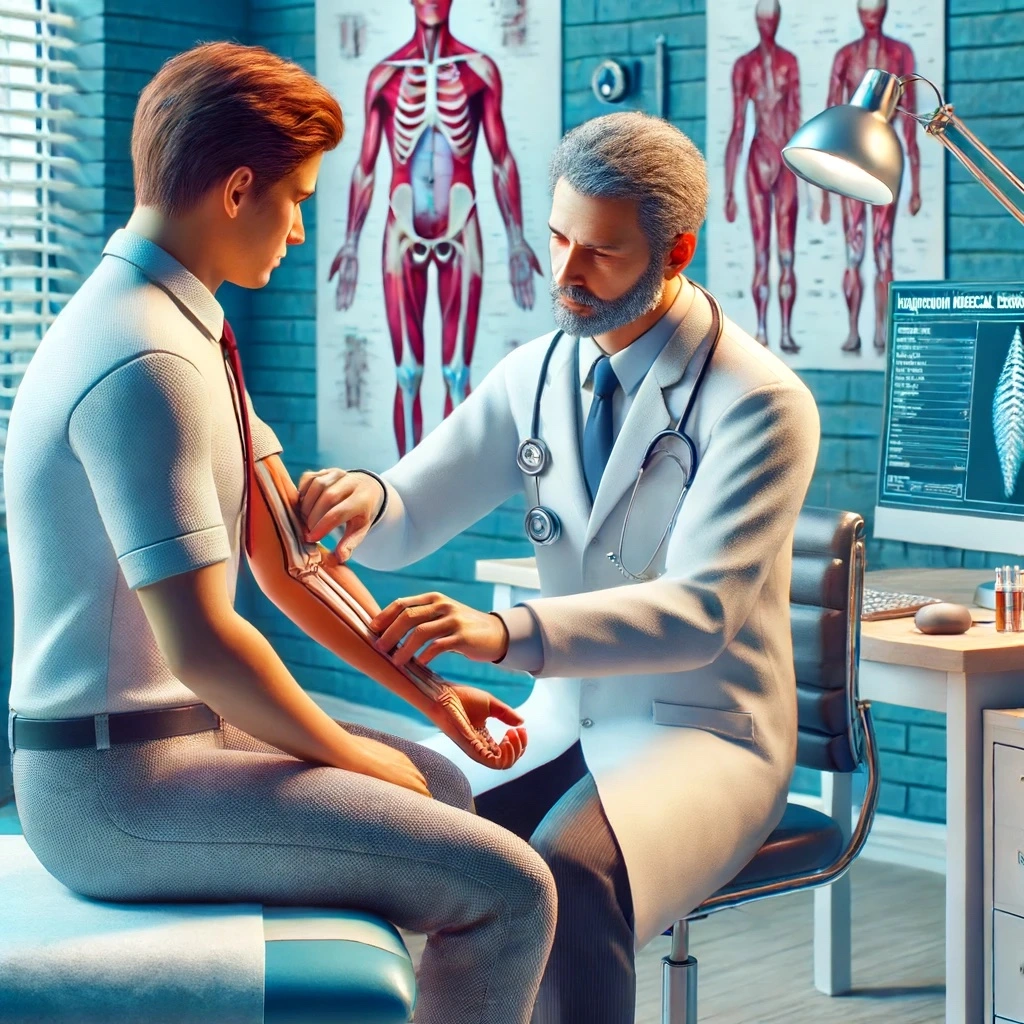 Independent Medical Examination (IME) scene showing a patient being examined by a doctor in a medical office, with medical instruments, records, and anatomical charts visible in the background, representing the detailed assessment process for workers' compensation claims.