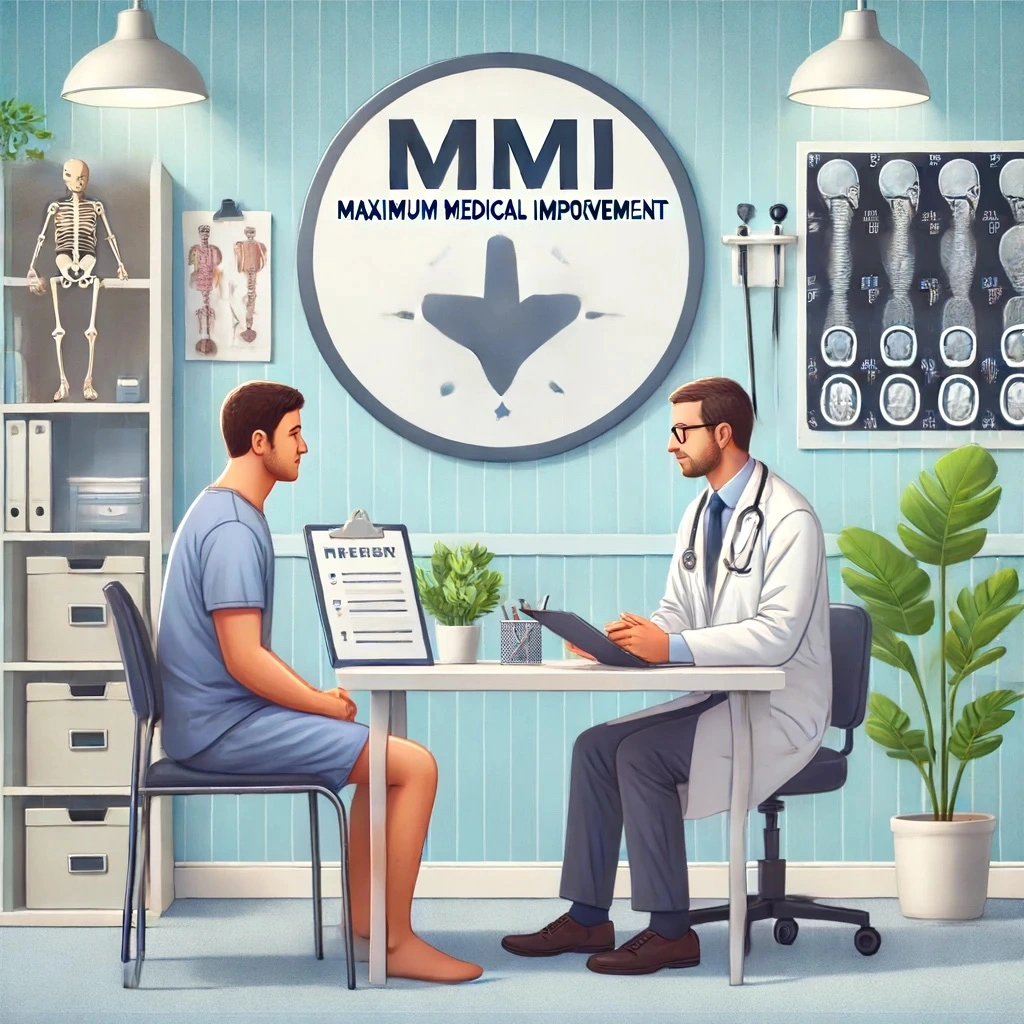 Patient reaching Maximum Medical Improvement (MMI) in a medical office, with a doctor explaining the stabilized condition using medical charts and x-rays. The patient looks relieved and hopeful, highlighting the recovery progress and thorough discussion about the condition.