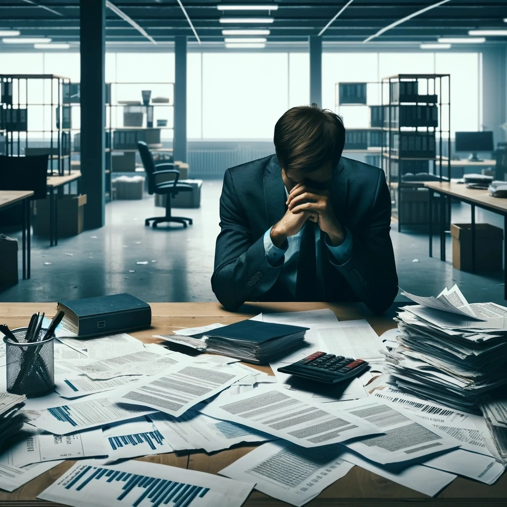 A distressed employer sits at a cluttered desk filled with financial documents and bills. The background shows a business setting with empty office spaces and equipment, reflecting a somber atmosphere of financial strain and uncertainty.