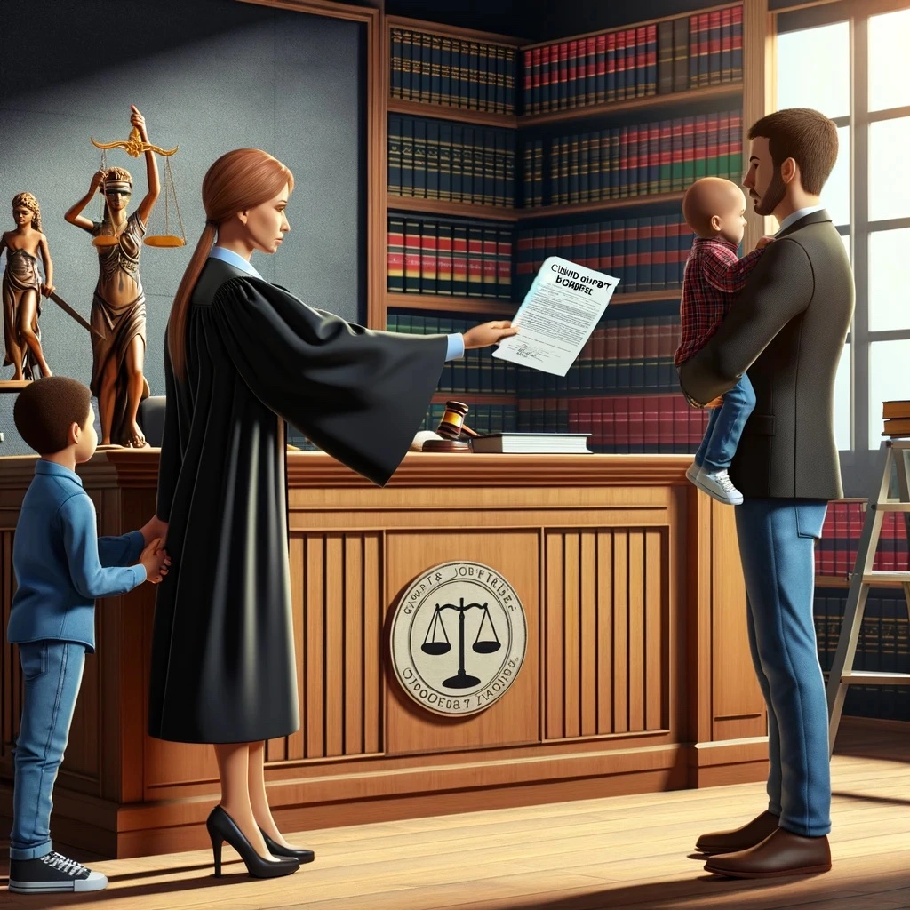 A courtroom scene where a judge hands a document labeled 'Child Support Order' to a noncustodial parent who receives workers' compensation benefits, while a child stands beside the custodial parent. The background includes legal bookshelves, and a scale of justice is prominently displayed on the judge's bench, emphasizing the legal intersection of child support and workers' compensation.