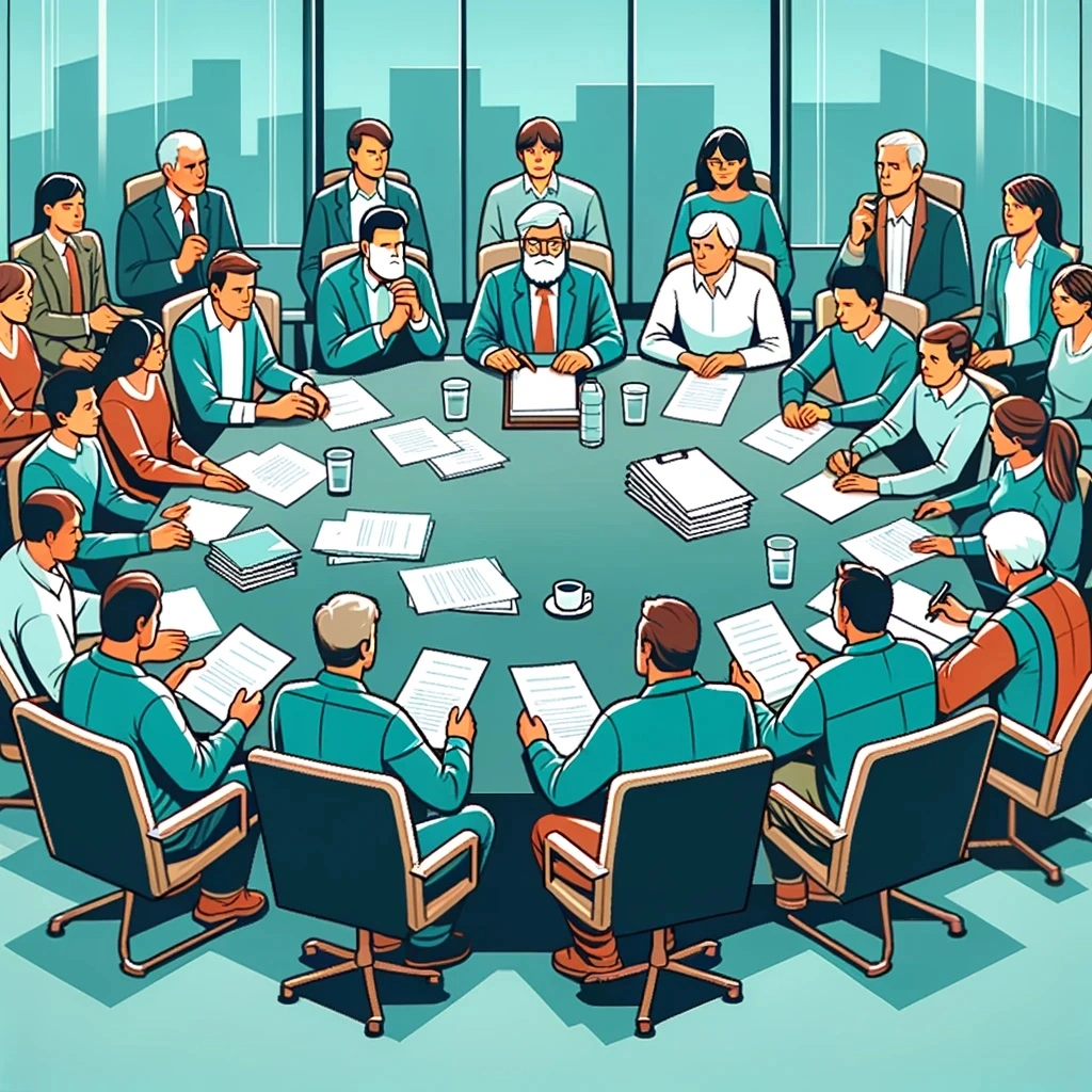 Illustration depicting collective bargaining: A diverse group of employees, including men and women of different ages and ethnicities, sit around a large table in a meeting room. Some employees hold documents, while others engage in discussion. At the head of the table, a representative or union leader speaks, emphasizing negotiation and agreement. The atmosphere is collaborative and focused.