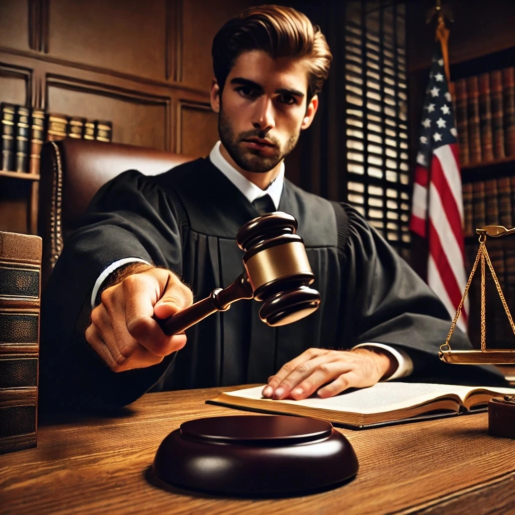 Judge in a courtroom making a ruling in a workers' compensation case. The judge, wearing traditional judicial robes, is seated at the bench with a gavel in hand. The scene includes an injured worker and their attorney on one side, and an employer and their attorney on the other, set against a backdrop of wooden furniture, legal books, and an American flag.