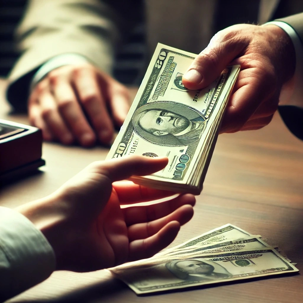 Hands exchanging cash, symbolizing supersedeas fund reimbursement in a workers' compensation context. The professional transaction illustrates the reimbursement process after a denied supersedeas request, highlighting financial compensation for employers.