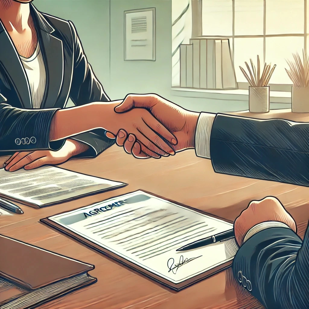 Two people shaking hands over a table with documents and a pen, symbolizing a successful workers' comp agreement in a professional office setting.