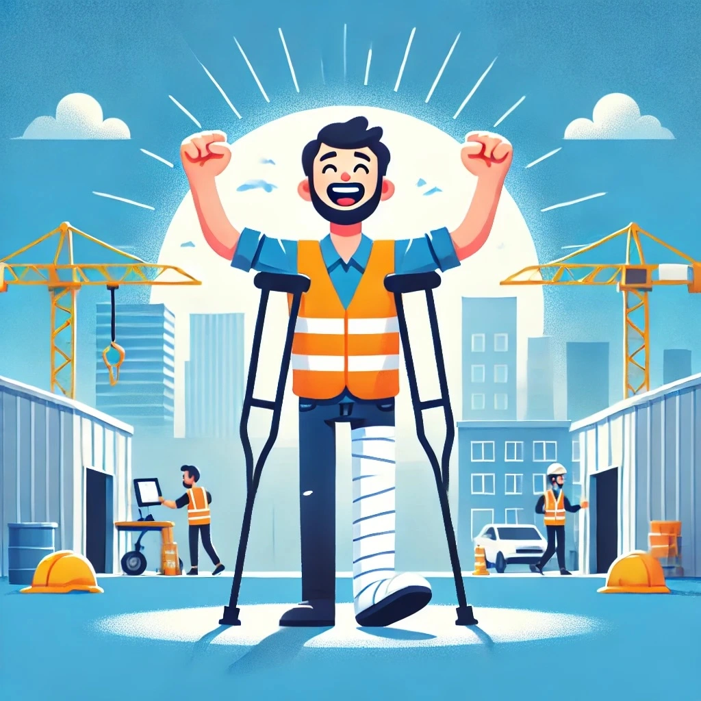 Injured worker celebrating full recovery, standing confidently with a cast and crutches in a workplace environment, with a sunny sky symbolizing a positive and bright future.