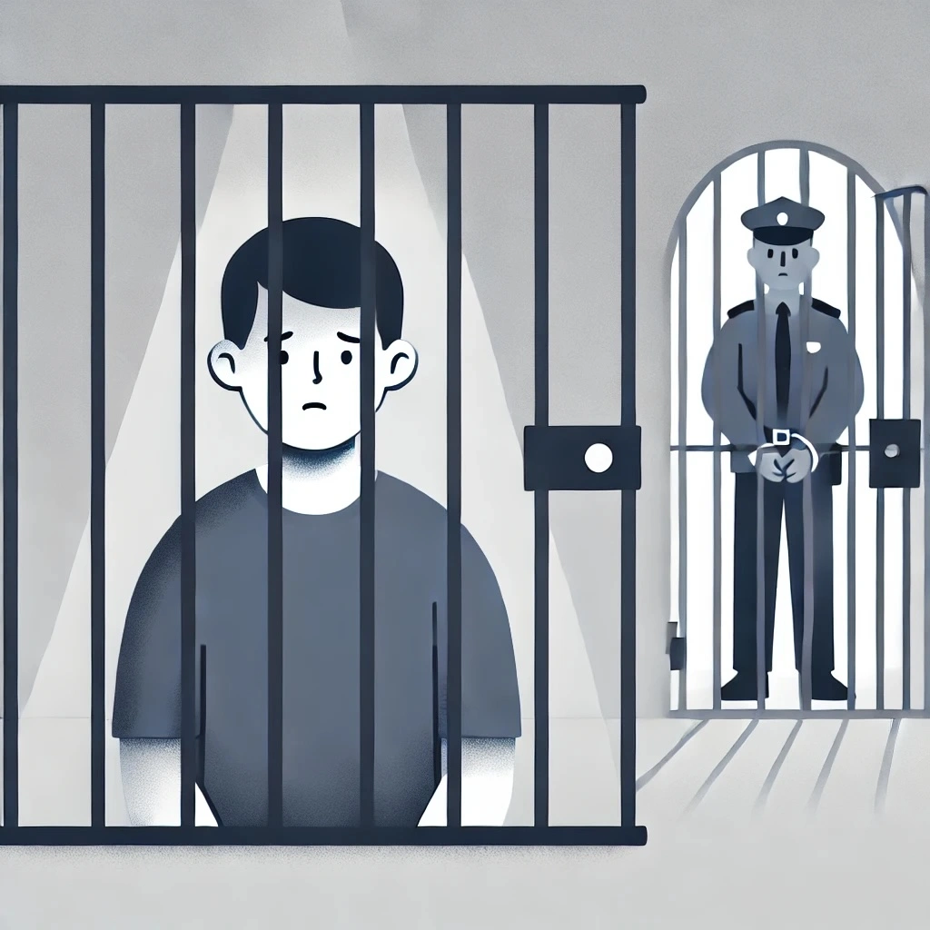 Illustration of a person behind bars in a prison cell, looking dejected, with a guard standing outside the cell, symbolizing incarceration and its impact on the suspension of workers' compensation benefits.