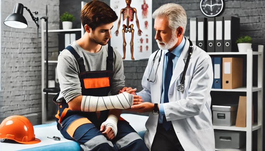 An injured worker in work clothes with a bandaged arm sitting on an examination table while a doctor in a white coat examines the injury in a medical clinic, highlighting the importance of seeking medical attention for work injuries.