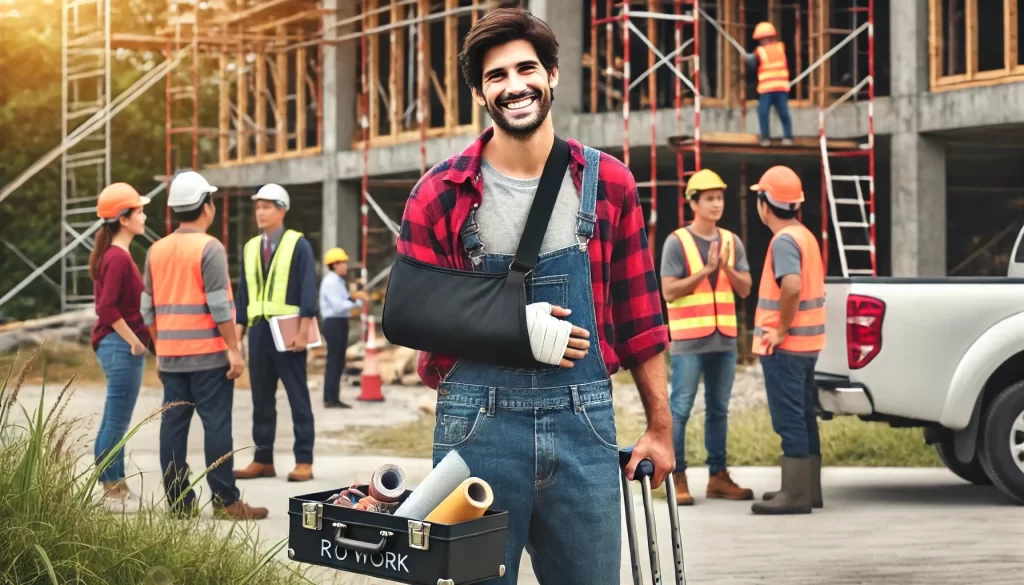 An injured worker returning during recovery, smiling and carrying a toolbox at a construction site with completed structures and co-workers in the background, symbolizing successful return to the workforce after a work injury.