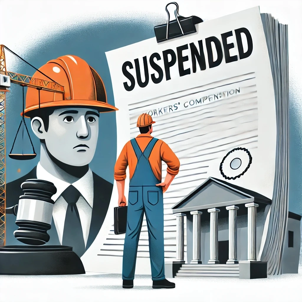  Illustration showing a construction worker in a helmet standing in front of a large document marked "Suspended," with a gavel and courthouse in the background, symbolizing the suspension of workers' compensation benefits.