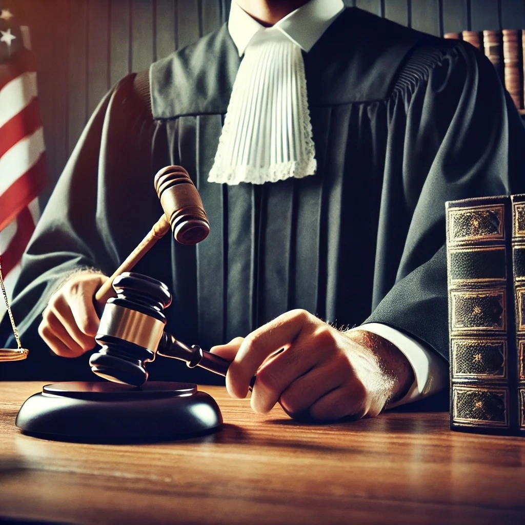 A judge in a courtroom setting, dressed in traditional judicial robes, bangs a gavel, symbolizing a ruling on an employer-filed petition to review in Pennsylvania workers' compensation. The background includes elements of a courtroom such as the judge's bench, an American flag, and legal books, highlighting the formal and serious atmosphere of the proceeding.