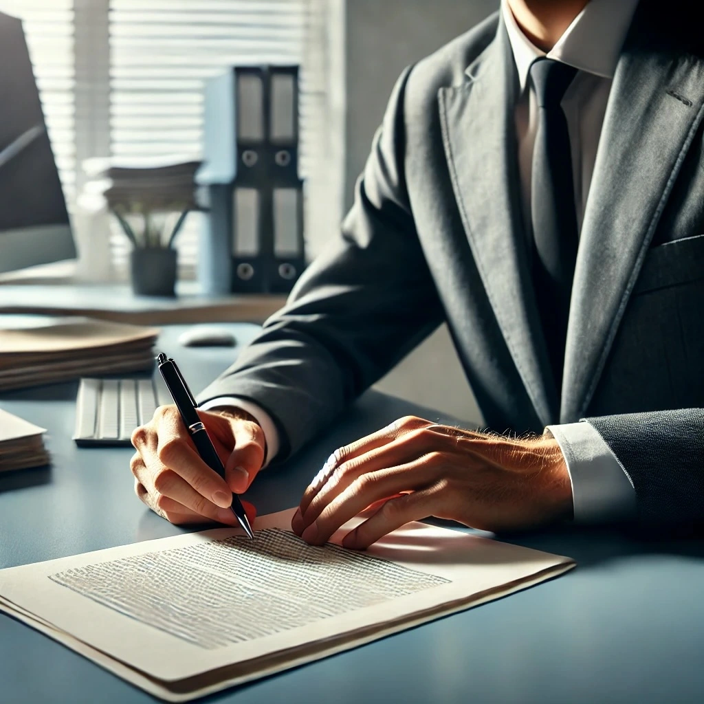 A professional office setting where an employer is filing a petition to review in Pennsylvania workers' compensation. The individual, dressed in business attire, is seated at a desk holding a pen, with a blank document in front of them. The background includes typical office elements such as a computer, stacks of paperwork, and office supplies, indicating a formal and focused atmosphere.