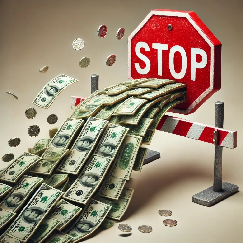 Visual representation of workers' comp benefits stopping, featuring a stream of dollar bills abruptly halted by a large red stop sign, symbolizing the sudden cessation of financial support after a work injury.