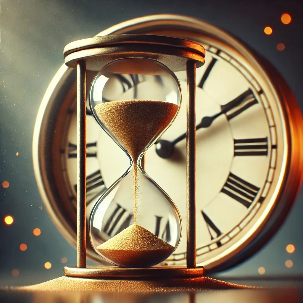 Image depicting the statute of limitations for workers' comp claims, featuring an hourglass with nearly empty sand and a ticking clock in the background, symbolizing the urgency and approaching deadline to file a claim.