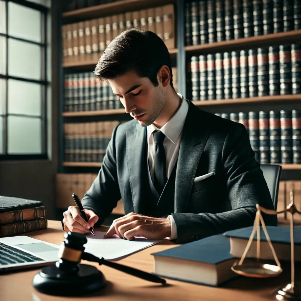 Lawyer writing an employee petition to review, focusing on correcting a workers' compensation claim. The image shows a lawyer at a desk, drafting legal documents related to workers' compensation cases, surrounded by papers, legal books, and a laptop in a professional office setting, illustrating the process of petitioning to amend an incorrect description of injury or benefit calculations.