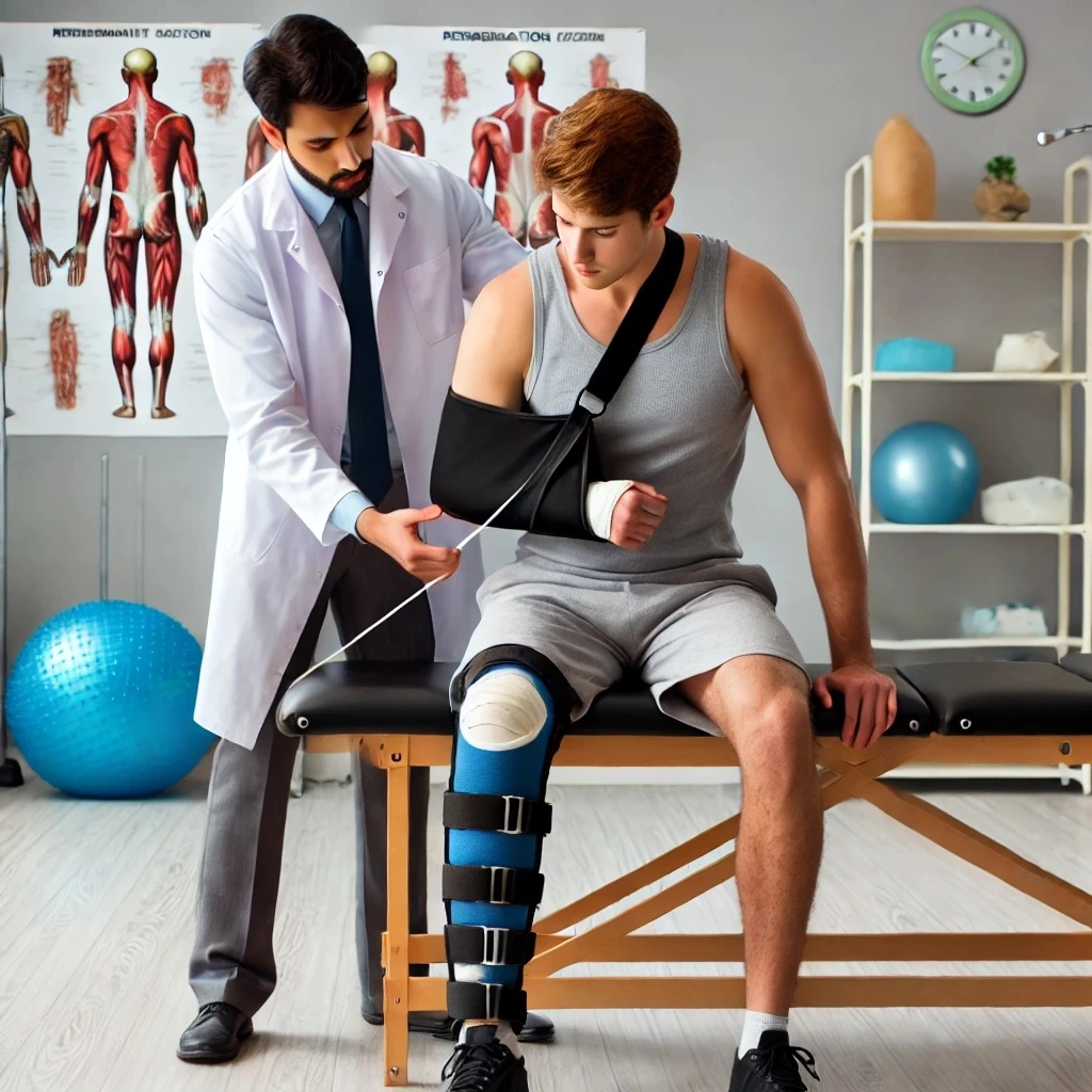 Injured worker undergoing physical therapy as part of a workers' compensation recovery plan. The image shows a physical therapist assisting the worker with rehabilitation exercises in a clinic, highlighting the role of physical therapy in treating work-related injuries and helping employees return to work under workers' comp benefits