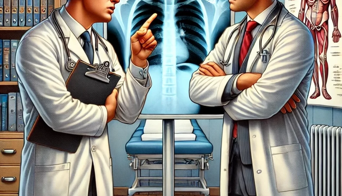 Two doctors reviewing an x-ray with differing opinions, illustrating the role of expert medical testimony in workers' compensation cases involving the complex judge a WCJ has weighing claims.