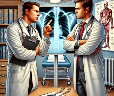 Two doctors reviewing an x-ray with differing opinions, illustrating the role of expert medical testimony in workers' compensation cases involving the complex judge a WCJ has weighing claims.