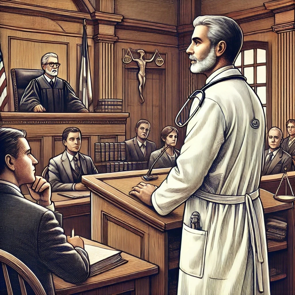 Doctor providing expert medical testimony in a workers' compensation courtroom, illustrating the role of medical professionals in supporting claims for work-related injuries.